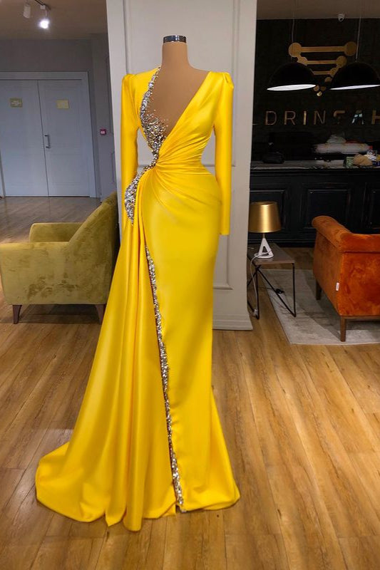 Suzhoufashion Bright Yellow V neck Metallic Sequin Long sleeves Evening Prom Dresses