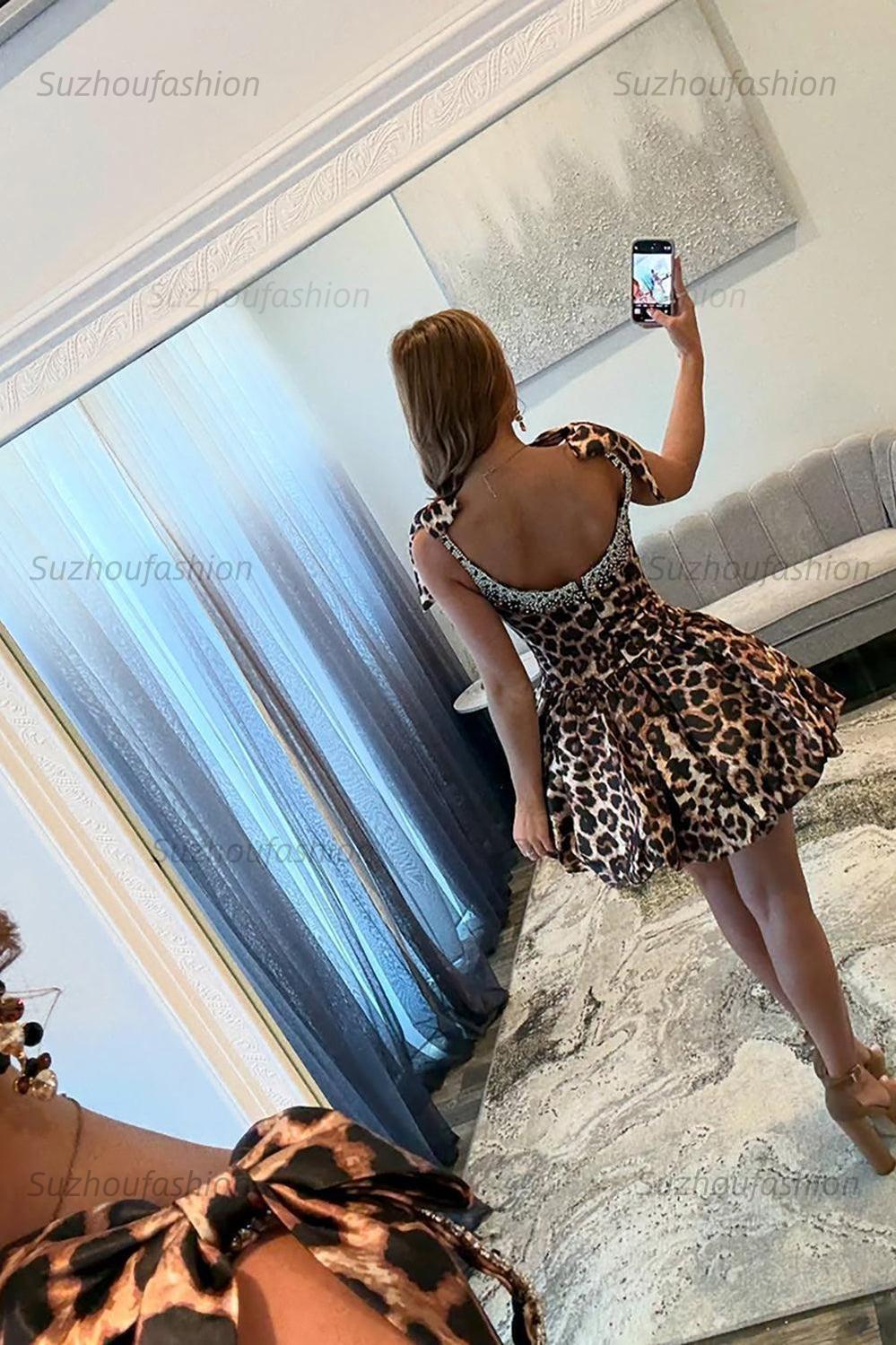Suzhoufashion Brown Leopard Print Beaded A-Line Short Homecoming Dress with Bow
