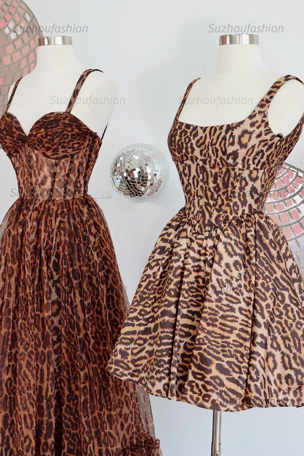 Suzhoufashion Brown Leopard Print Spaghetti Straps A-Line Short Homecoming Dress