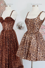 Suzhoufashion Brown Leopard Print Spaghetti Straps A-Line Short Homecoming Dress