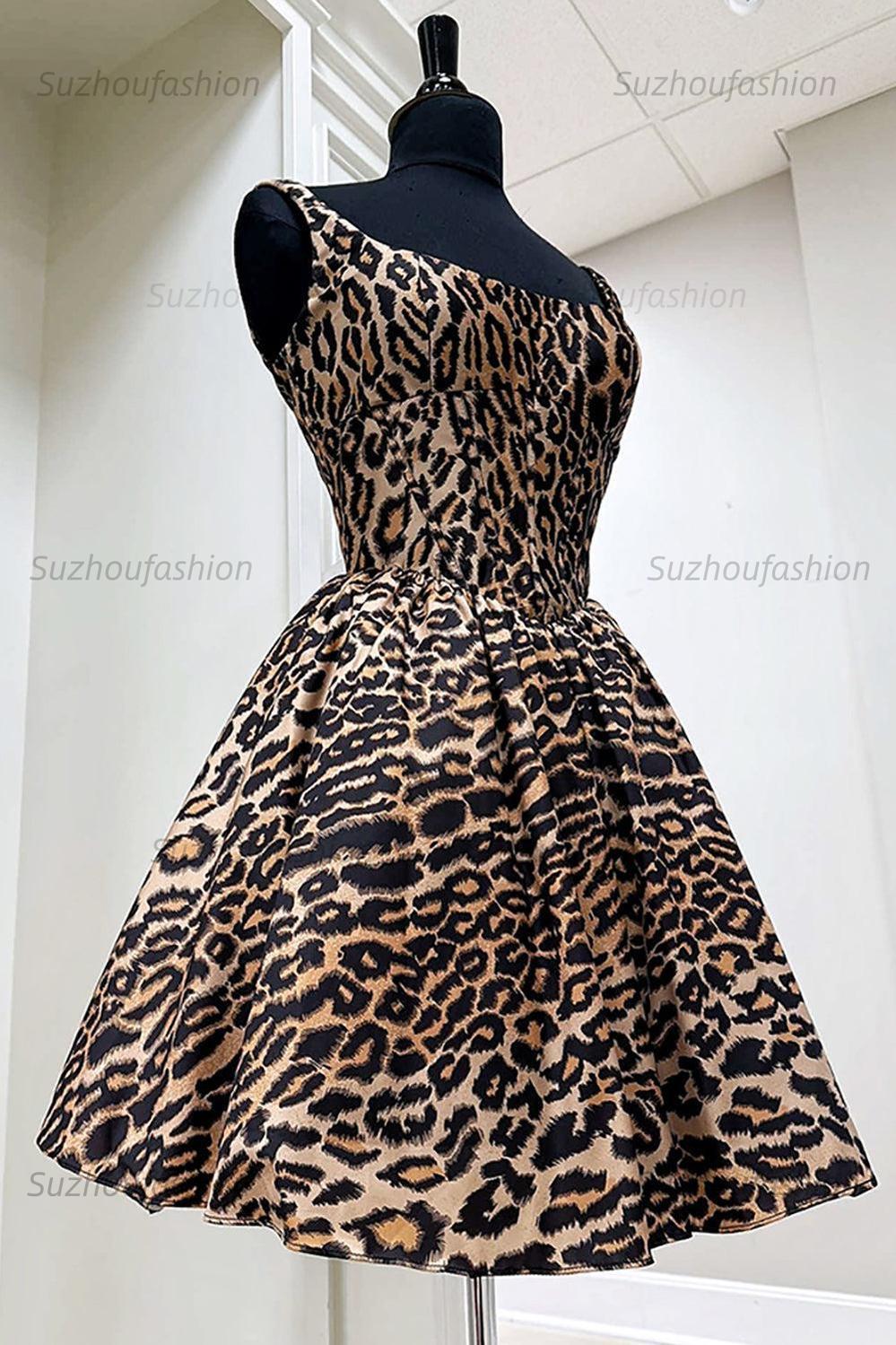 Suzhoufashion Brown Leopard Print Spaghetti Straps A-Line Short Homecoming Dress