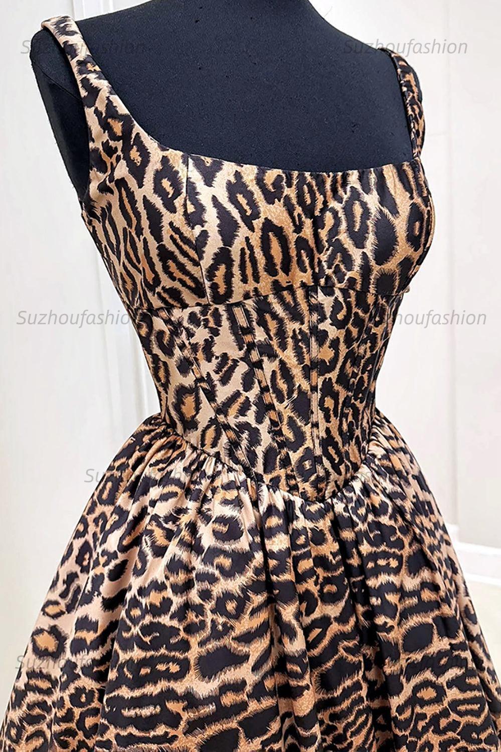 Suzhoufashion Brown Leopard Print Spaghetti Straps A-Line Short Homecoming Dress