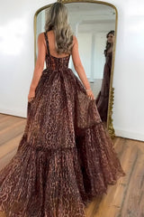 Suzhoufashion Brown Leopard Print Strappy Prom Dress With Flowing Tiered Train Formal Evening Gown