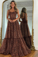 Suzhoufashion Brown Leopard Print Strappy Prom Dress With Flowing Tiered Train Formal Evening Gown