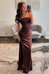 Suzhoufashion Brown Strapless Mermaid Prom Dress With Long Metallic Silhouette And High Slit Formal Evening Gown