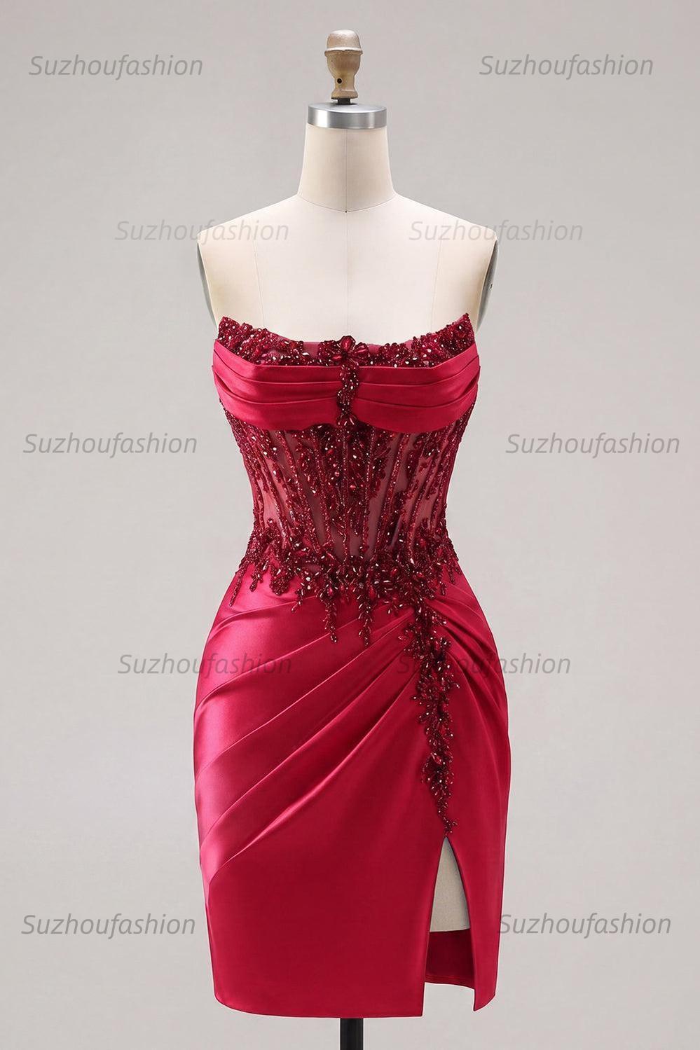 Suzhoufashion Burgundy Beaded Ruched Corset Tight Short Homecoming Dress with Slit