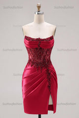 Suzhoufashion Burgundy Beaded Ruched Corset Tight Short Homecoming Dress with Slit
