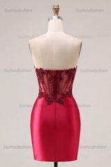 Suzhoufashion Burgundy Beaded Ruched Corset Tight Short Homecoming Dress with Slit