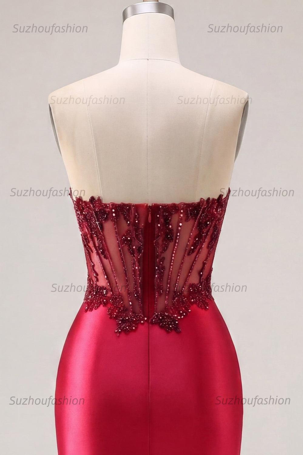 Suzhoufashion Burgundy Beaded Ruched Corset Tight Short Homecoming Dress with Slit