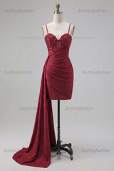 Suzhoufashion Burgundy Beaded Ruched Tight Short Homecoming Dress with Side Cape
