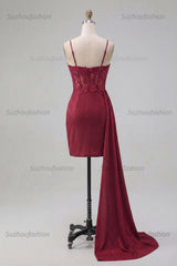 Suzhoufashion Burgundy Beaded Ruched Tight Short Homecoming Dress with Side Cape