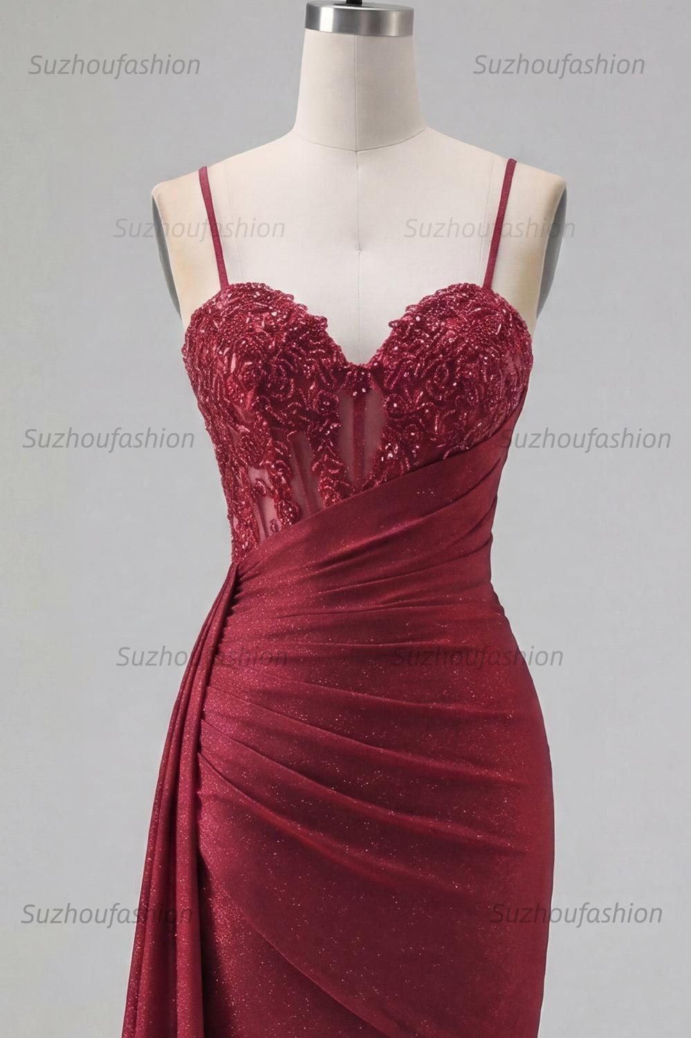 Suzhoufashion Burgundy Beaded Ruched Tight Short Homecoming Dress with Side Cape