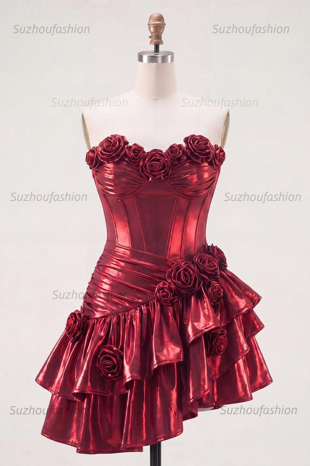 Suzhoufashion Burgundy Glitter Metallic A-Line Corset Short Homecoming Dress with Ruffles & 3D Flowers