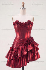 Suzhoufashion Burgundy Glitter Metallic A-Line Corset Short Homecoming Dress with Ruffles & 3D Flowers