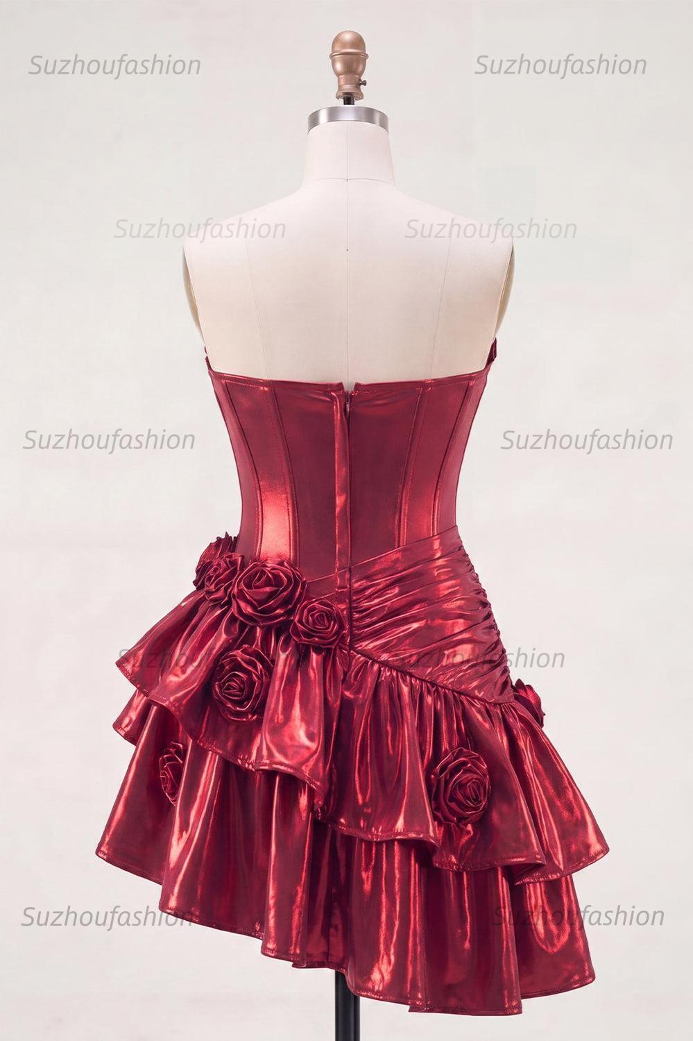 Suzhoufashion Burgundy Glitter Metallic A-Line Corset Short Homecoming Dress with Ruffles & 3D Flowers