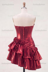 Suzhoufashion Burgundy Glitter Metallic A-Line Corset Short Homecoming Dress with Ruffles & 3D Flowers