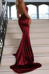 Suzhoufashion Burgundy Satin Spaghetti Strap Mermaid Prom Dress With Open Back Formal Evening Gown