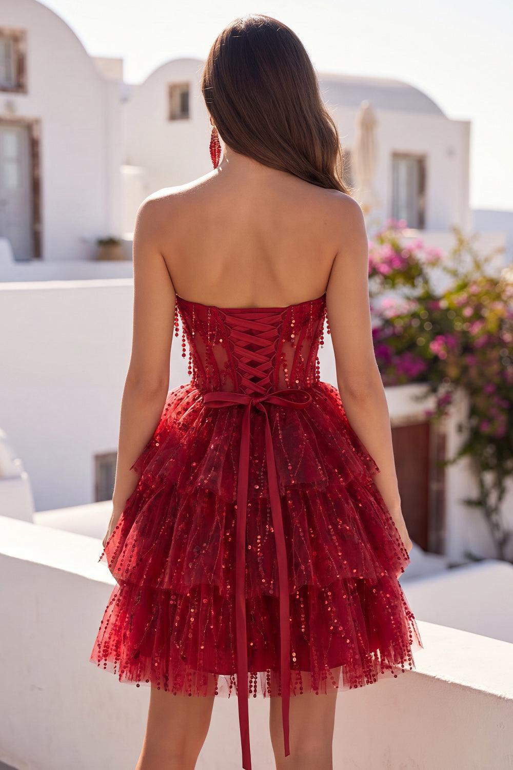 Suzhoufashion Burgundy Strapless Beaded A-Line Corset Short Homecoming Dress