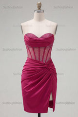 Suzhoufashion Burgundy Strapless Beaded Ruched Corset Tight Short Homecoming Dress