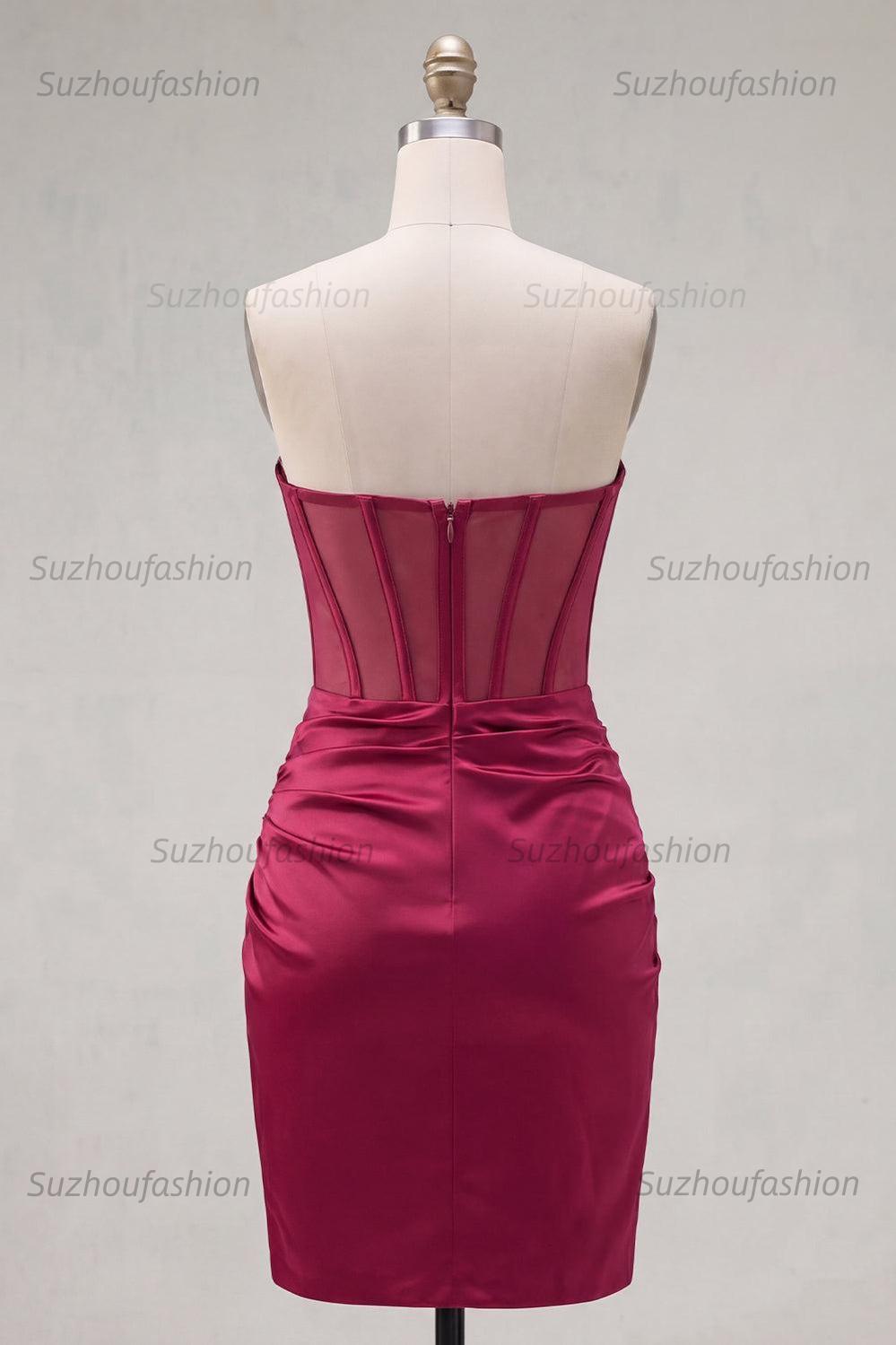 Suzhoufashion Burgundy Strapless Beaded Ruched Corset Tight Short Homecoming Dress