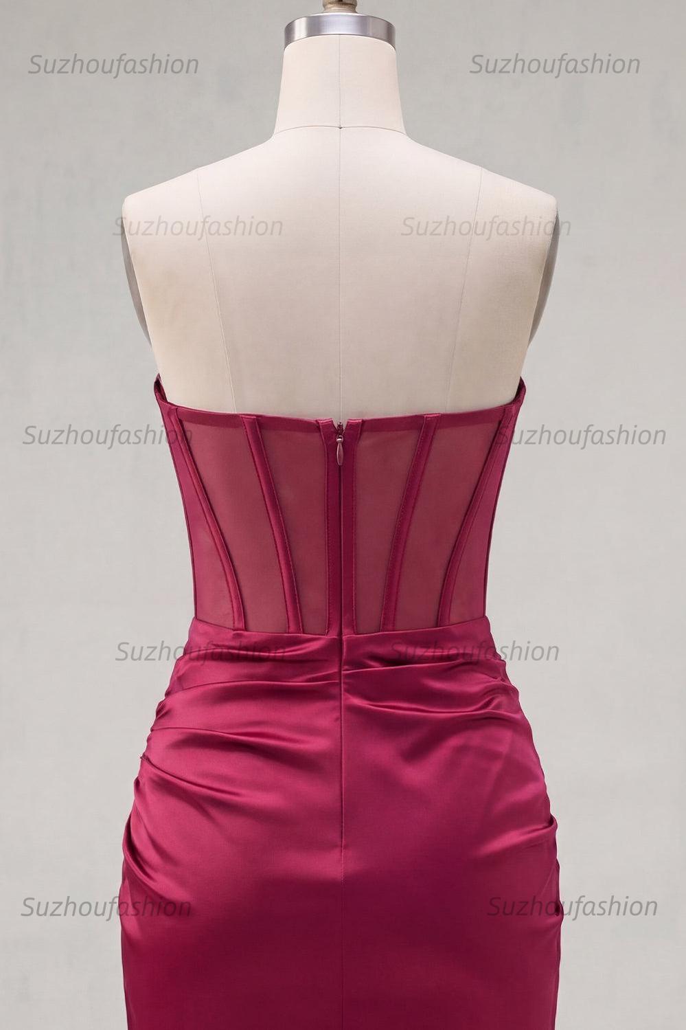 Suzhoufashion Burgundy Strapless Beaded Ruched Corset Tight Short Homecoming Dress