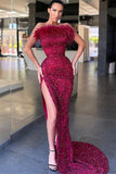 Suzhoufashion Burgundy Strapless Mermaid Evening Prom Dresses Slit With Sequins Beads Feather