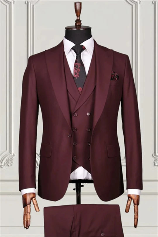 Suzhoufashion Burgundy Striped Double Breasted Bespoke Men Suits