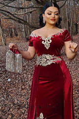 Suzhoufashion Burgundy Velvet Christmas Party Dress Appliques Short Sleeve Formal Dress