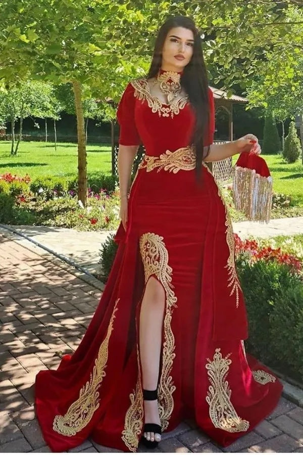 Suzhoufashion Burgundy Velvet Christmas Party Dress Appliques Short Sleeve Formal Dress