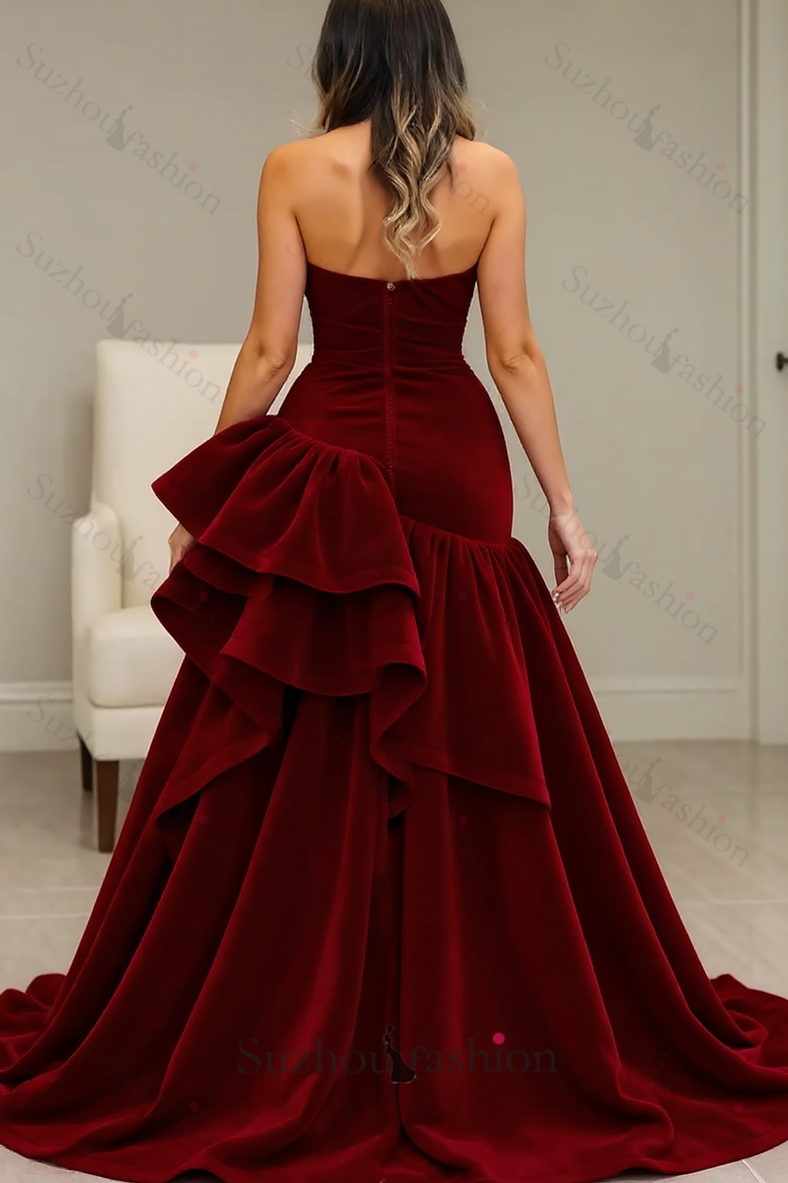 Suzhoufashion Burgundy Velvet Dress High Low Halter Neck Ruffled Formal Evening Dress