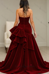 Suzhoufashion Burgundy Velvet Dress High Low Halter Neck Ruffled Formal Evening Dress