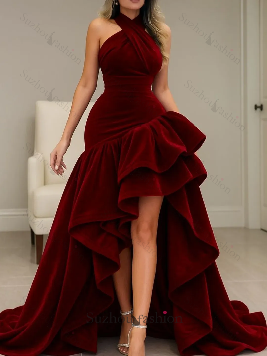 Suzhoufashion Burgundy Velvet Dress High Low Halter Neck Ruffled Formal Evening Dress