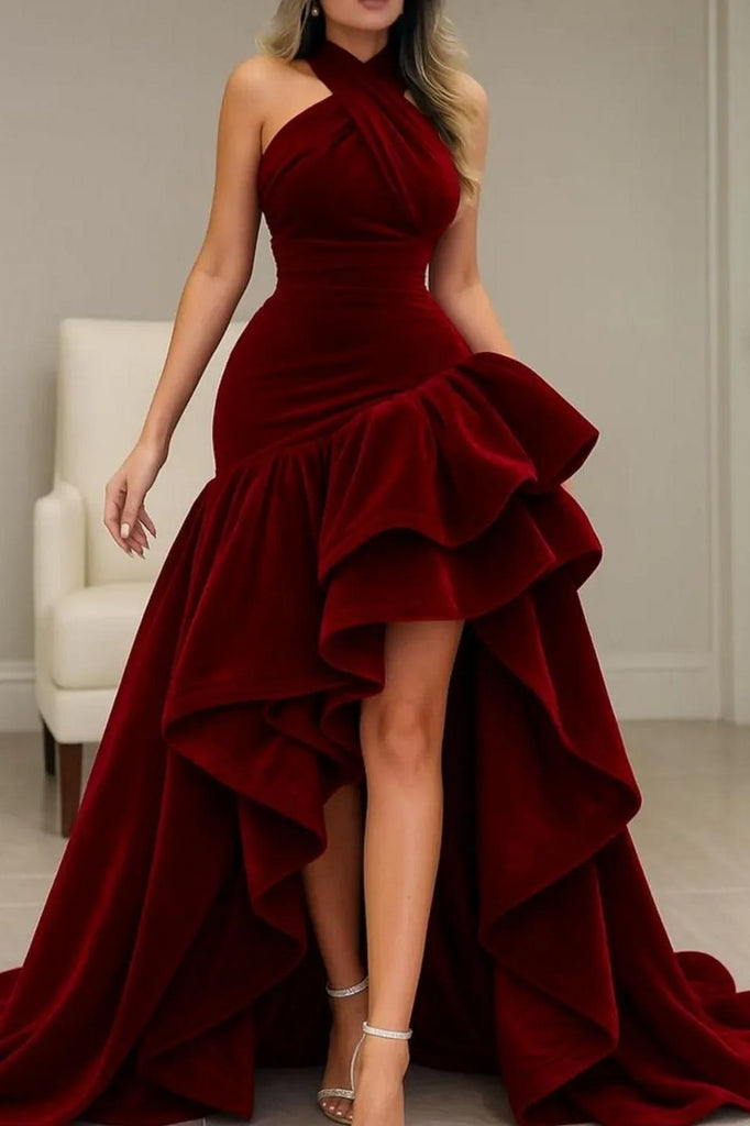Suzhoufashion Women Burgundy Velvet Dress High Low Halter Neck Ruffled  Formal Evening Dress  suzhoufashion