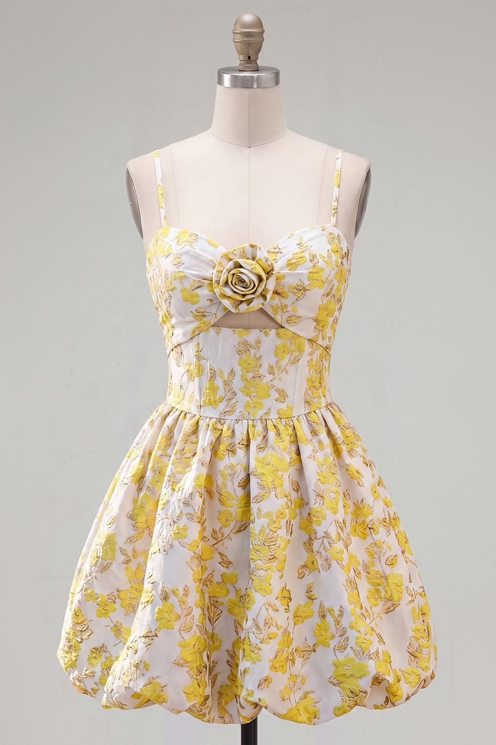 Suzhoufashion Butter Yellow Floral Keyhole A-Line Short Homecoming Dress with 3D Flower