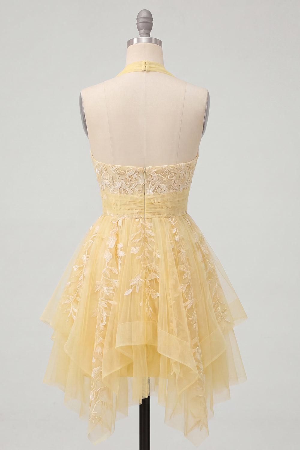 Suzhoufashion Butter Yellow Floral Lace Halter Ruffled A Line Short Homecoming Dress