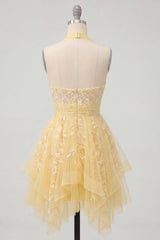 Suzhoufashion Butter Yellow Floral Lace Halter Ruffled A Line Short Homecoming Dress