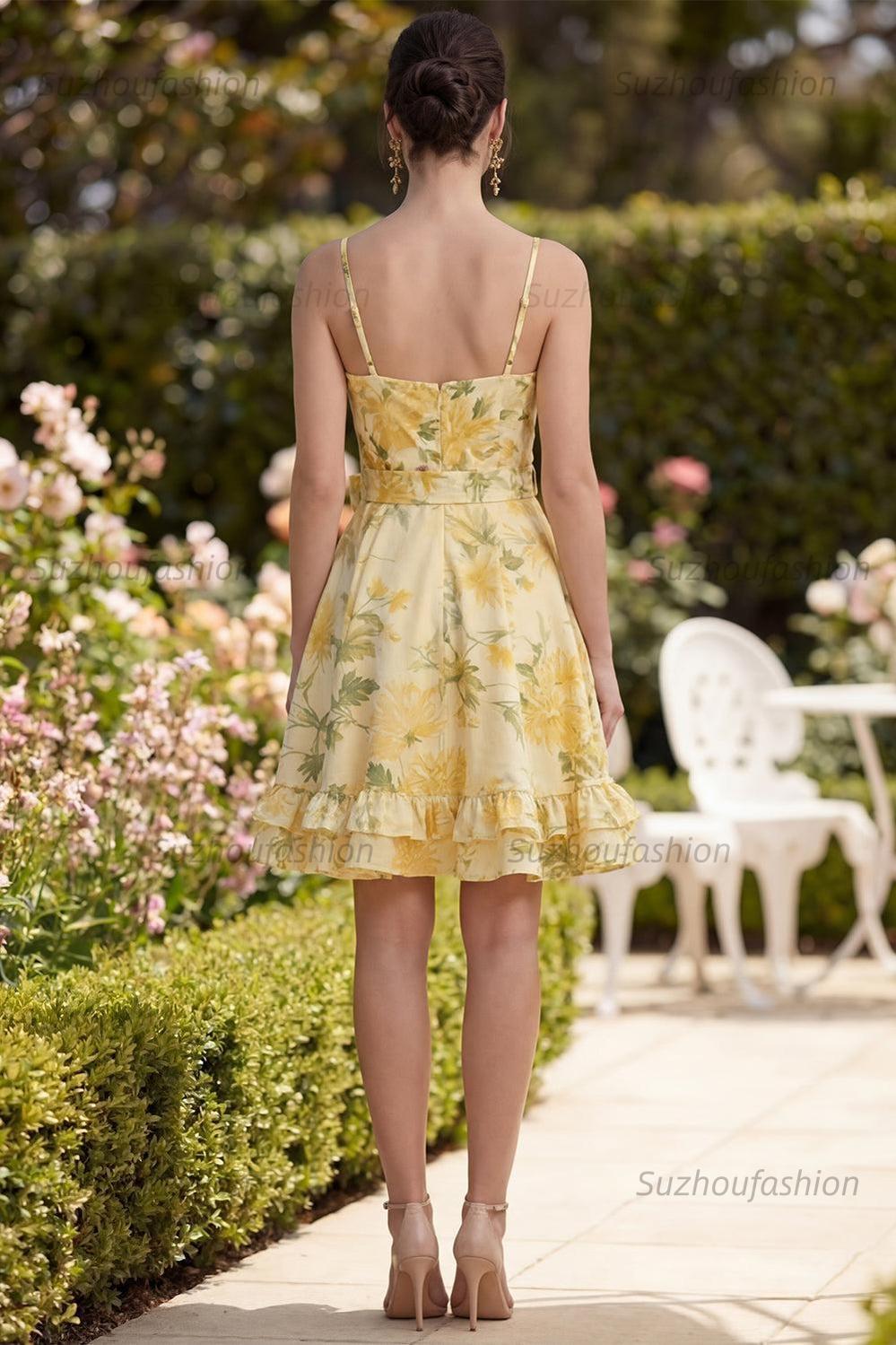 Suzhoufashion Butter Yellow Floral Ruched Ruffled A-Line Short Prom Dress with Bow