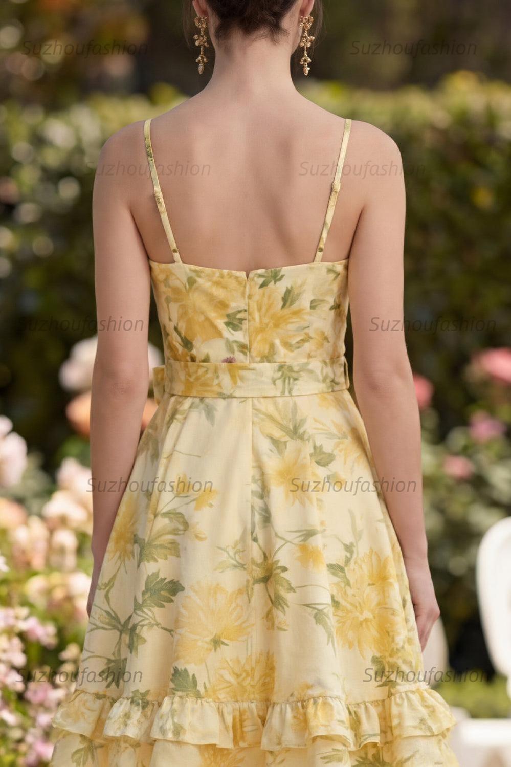 Suzhoufashion Butter Yellow Floral Ruched Ruffled A-Line Short Prom Dress with Bow