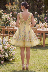 Suzhoufashion Butter Yellow Floral V-Neck A-Line Short Homecoming Dress with Ruffles