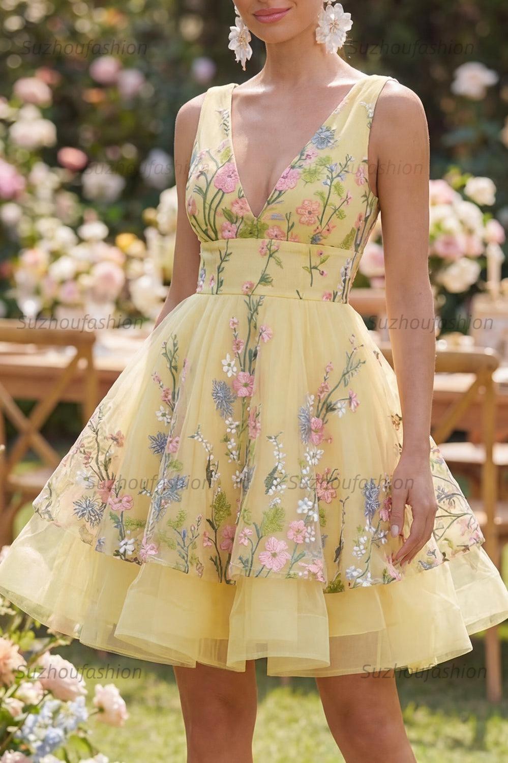 Suzhoufashion Butter Yellow Floral V-Neck A-Line Short Homecoming Dress with Ruffles