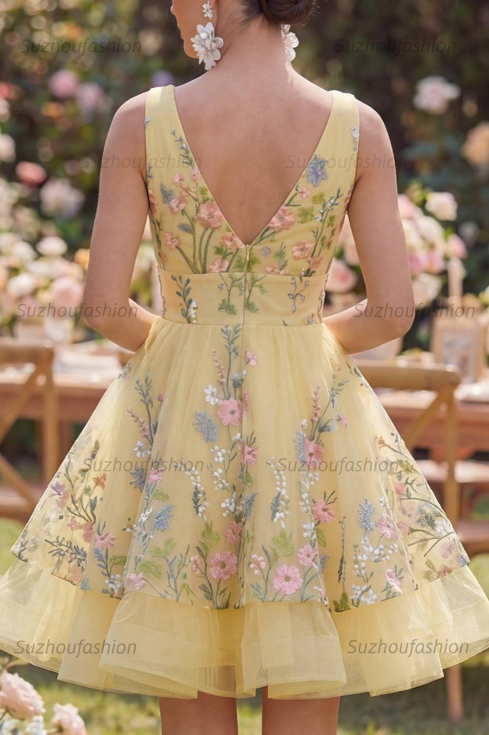 Suzhoufashion Butter Yellow Floral V-Neck A-Line Short Homecoming Dress with Ruffles