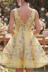 Suzhoufashion Butter Yellow Floral V-Neck A-Line Short Homecoming Dress with Ruffles