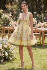 Suzhoufashion Butter Yellow Floral V-Neck A-Line Short Homecoming Dress with Ruffles