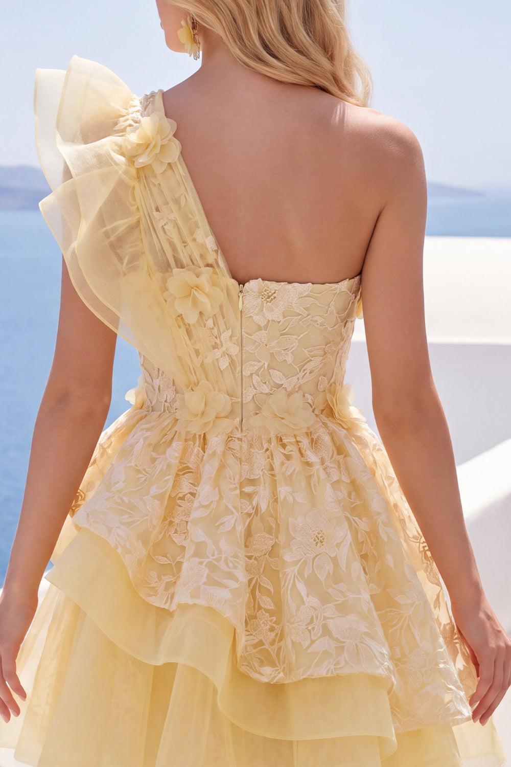 Suzhoufashion Butter Yellow Lace Floral Ruffled One Shoulder A Line Short Homecoming Dress