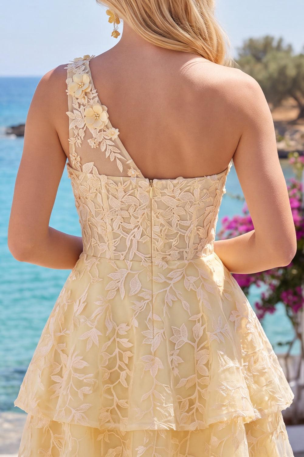 Suzhoufashion Butter Yellow Short Lace Floral One Shoulder Ruffled A Line Corset Homecoming Dress