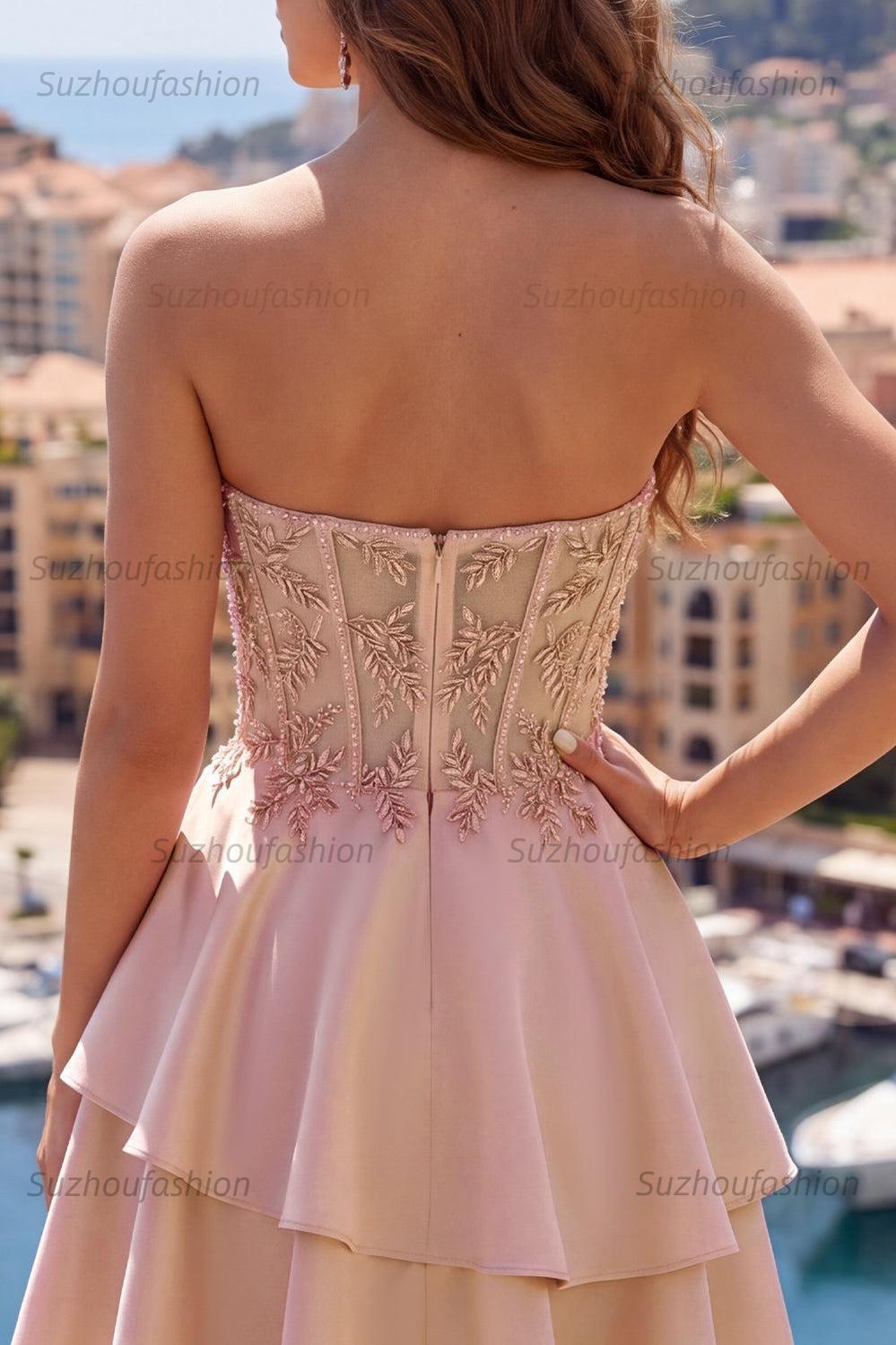 Suzhoufashion Champagne Beaded A-Line Corset Short Homecoming Dress with Ruffles