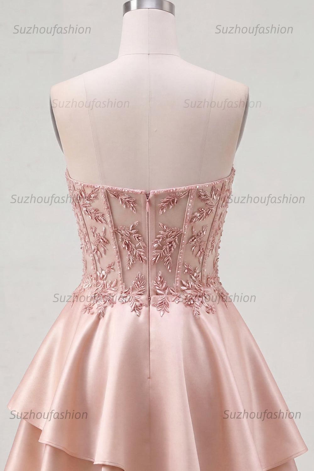 Suzhoufashion Champagne Beaded A-Line Corset Short Homecoming Dress with Ruffles