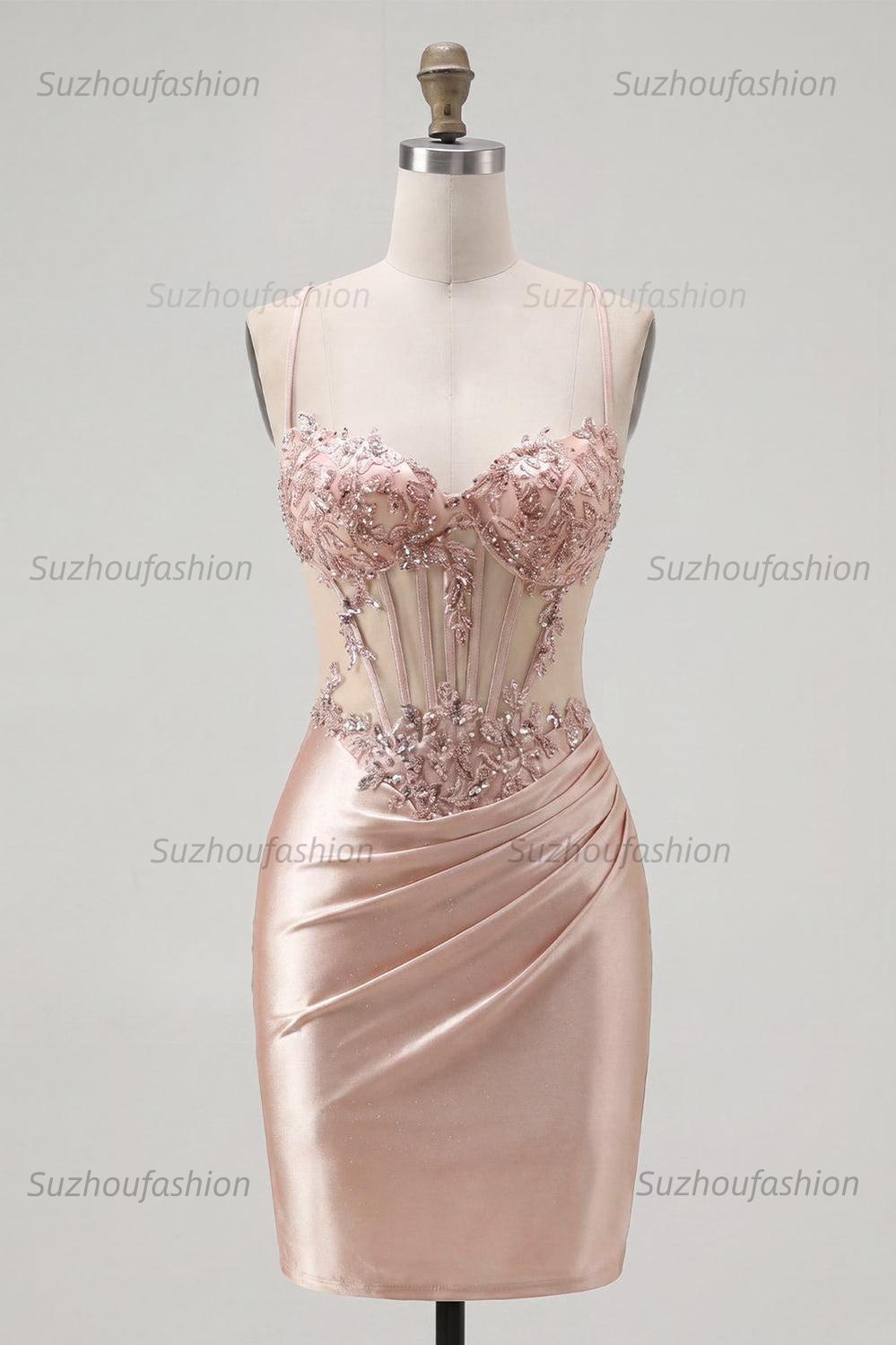 Suzhoufashion Champagne Beaded Ruched Corset Tight Short Homecoming Dress