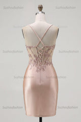 Suzhoufashion Champagne Beaded Ruched Corset Tight Short Homecoming Dress