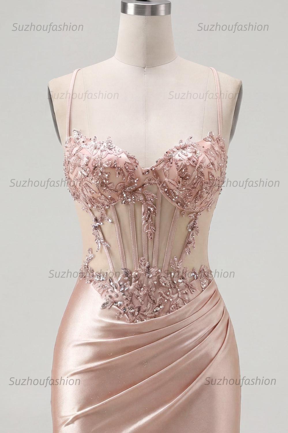 Suzhoufashion Champagne Beaded Ruched Corset Tight Short Homecoming Dress